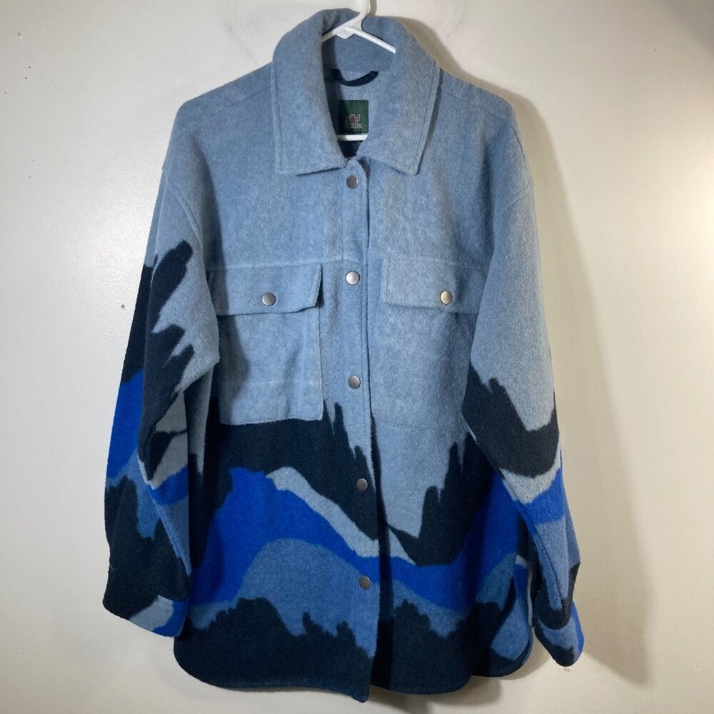 Womens Wild Fable Mountain Landscape Wool Like Snap Shacket Blue Black L Polyest